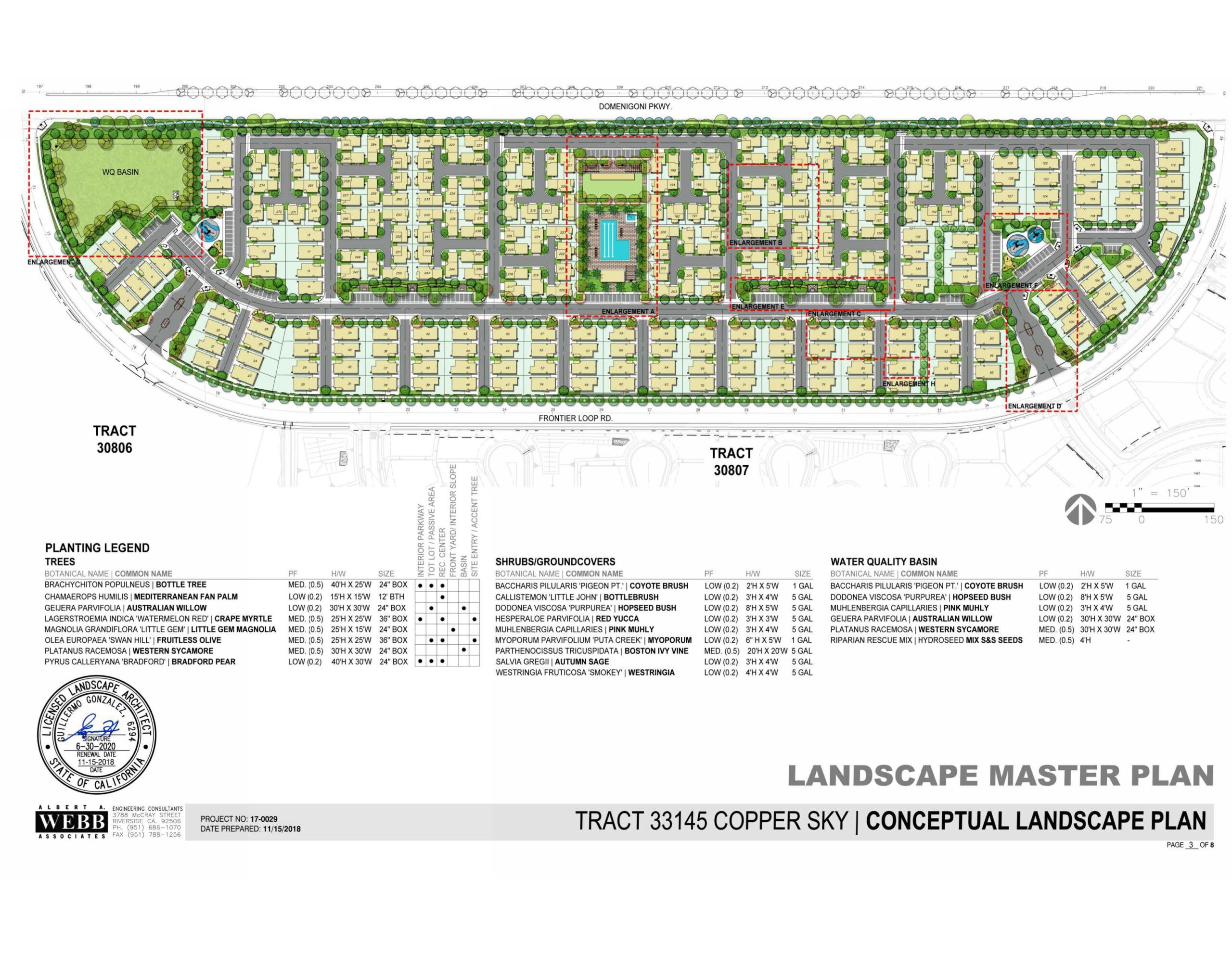 Copper Skye Landscape PG 3 A conceptual landscape master plan for Tract 33145 Copper Sky, showing a detailed layout of residential lots, water quality basins, shrub areas, and planting legends.
