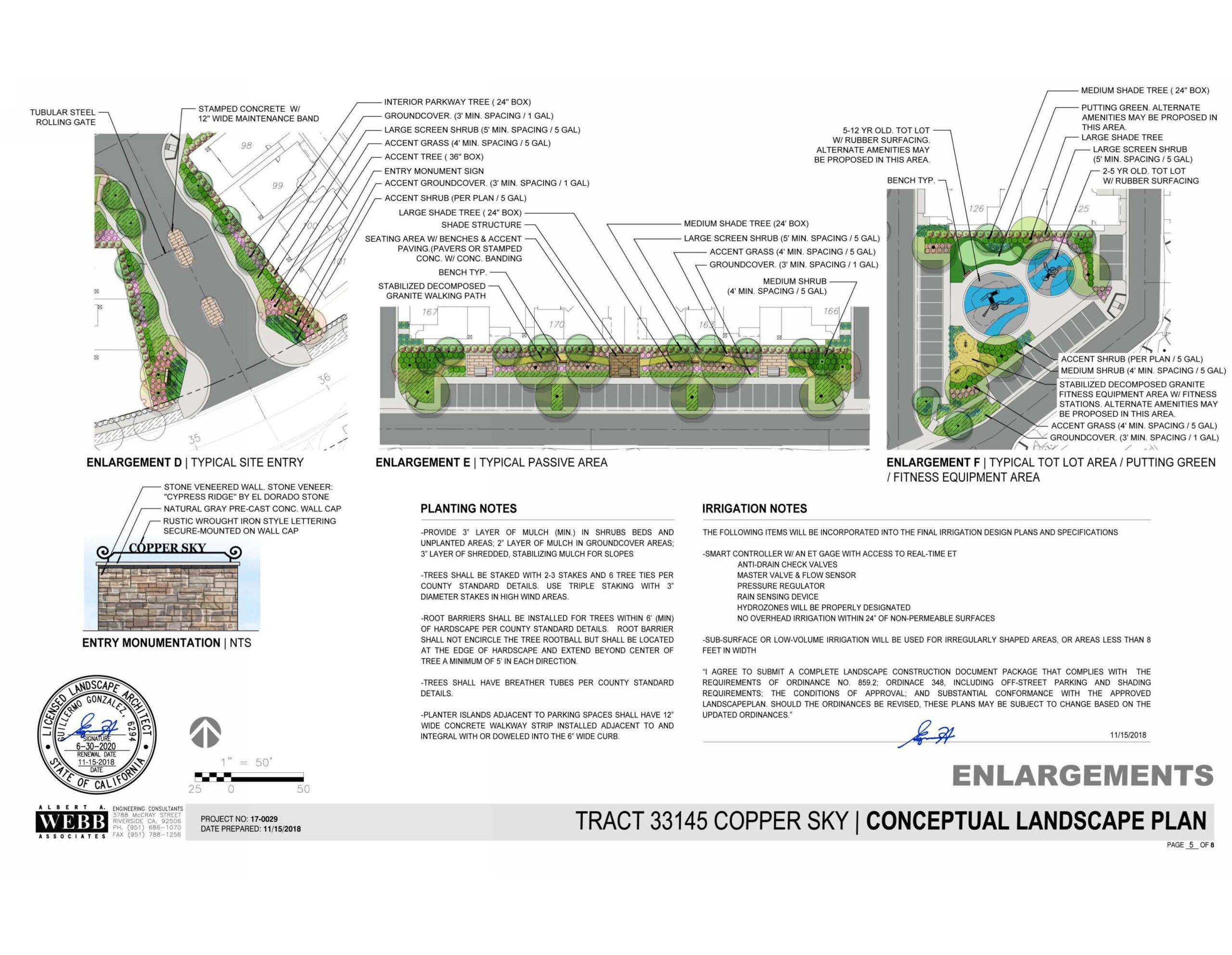 Copper Skye Landscape PG 5 Conceptual landscape plan for Tract 33145 Copper Sky with enlargements of recreation center, interior side, front yard, cluster lots, and alley loaded areas. Includes labeled features and annotations.